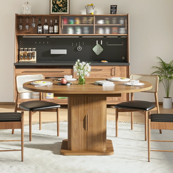 Round Dining Table for 4-8, 43.3''-59'' Extendable Kitchen Table Dinner Table with 2-Layer Storage Shelf and Wood Slide Door for Home Living Room, Walnut