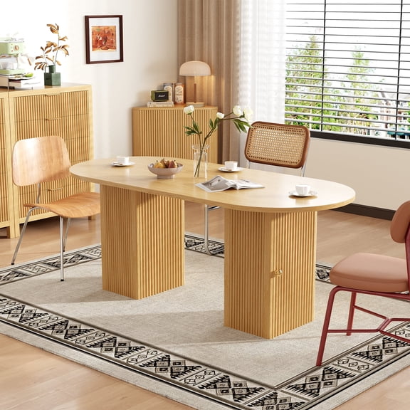 Round Dining Table for 4-8, 70.87 Inches Dining Room Table with Storage Shelf Base, Circle Kitchen Tables for Dining Room, Kitchen, Living Room (Nature Oak)