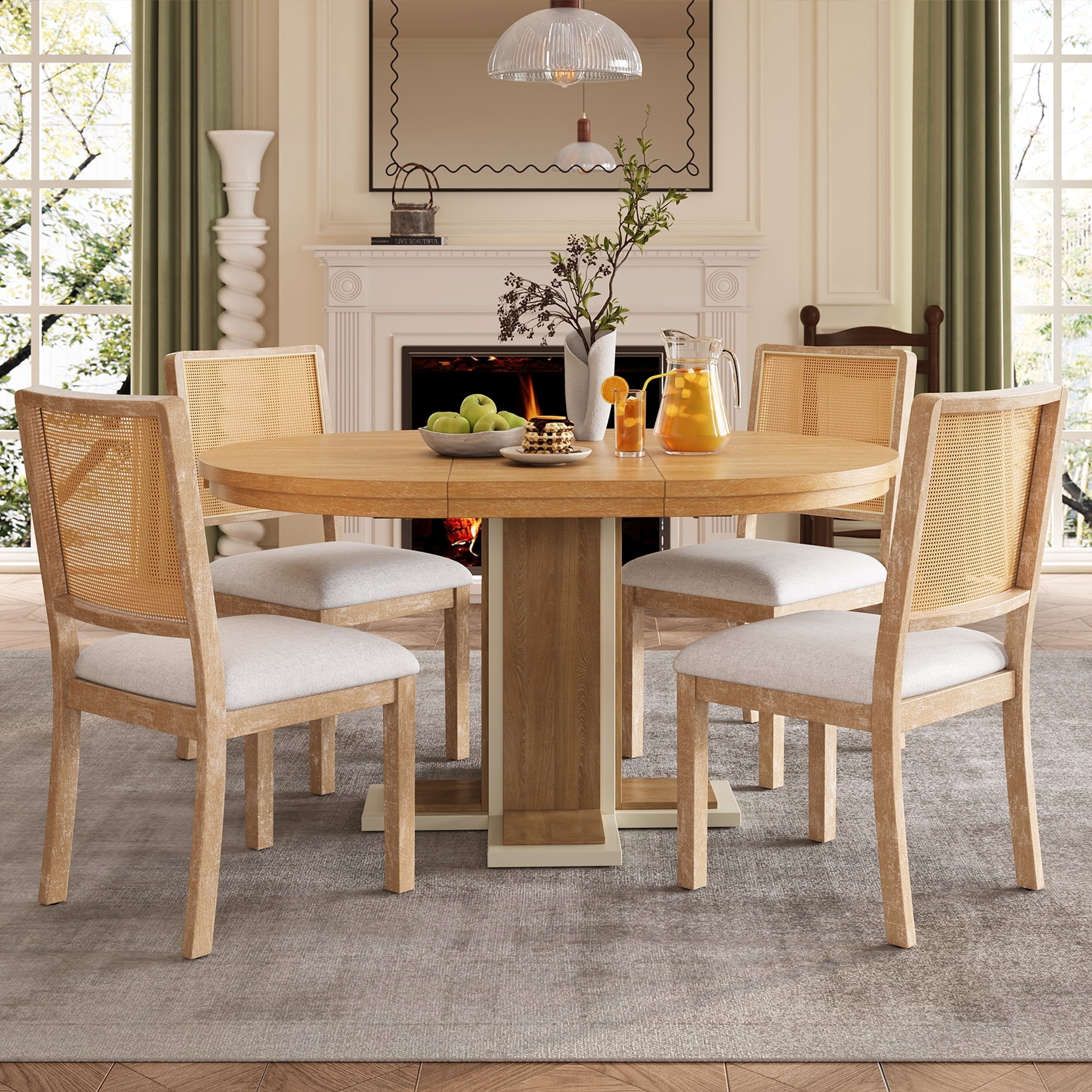 Round Dining Table for 4 with Chairs Set, Extendable Dining Table Set with 16" Removable Middle ...