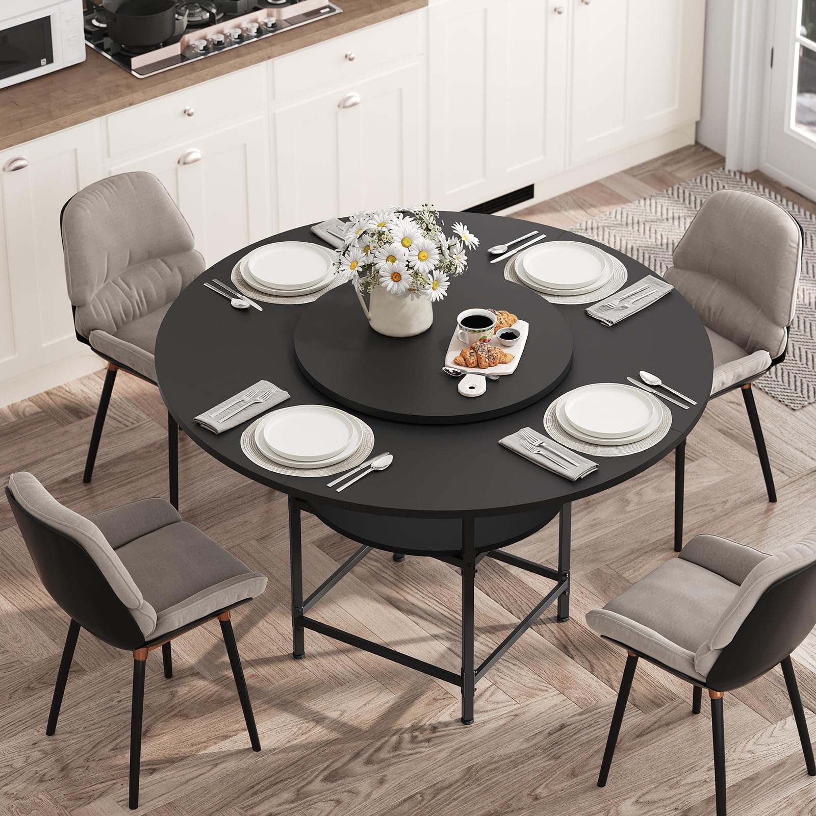 Round Dining Table for 4, Dinner Table with Storage Shelf, 47.2 ...