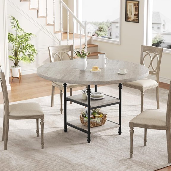 Round Dining Table for 4, Kitchen Dining Room Circle Dinner Pedestal Table with Storage Shelves & Roman Metal Legs, Farmhouse Style, Space Saving, 47 Inch