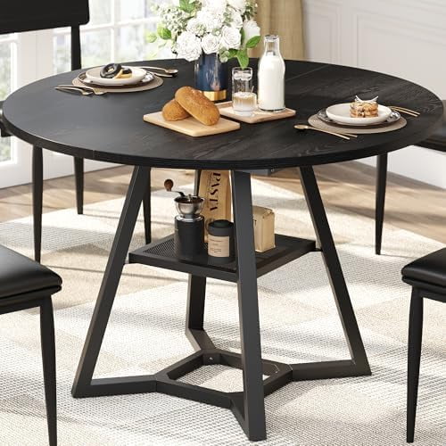 Round Dining Table for 4, Kitchen Tables Dining Room Circle Dinner Table with Pedestal Metal Frame, Space Saving Wood Industrial Kitchen & Dining Room Tables, Black 43In$$Furniture