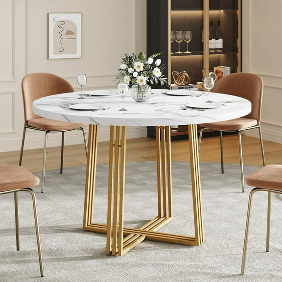 Round Dining Table for 4, Modern Circle Kitchen Table, Wooden Faux Marble Dinner Table with Gold Base for Home Dining Room Kitchen Restaurant (White & Gold)