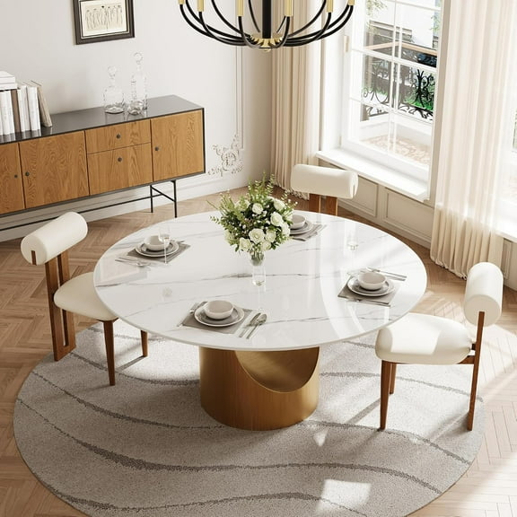 Round Dining Table for 4, Modern Dining Table, 51" Glossy White Sintered Stone Dining Table Top with Bronze Carbon Steel Pedestal for Dining Room (Table Only)