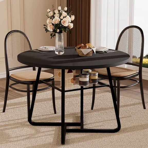Round Dining Table for 4 People, 43.3 Inches Dining Room Table with Metal Base, Walnut Brown Dinner Tables with Open Storage, Circle Kitchen Tables for Dining Room(Table Only) (Black)