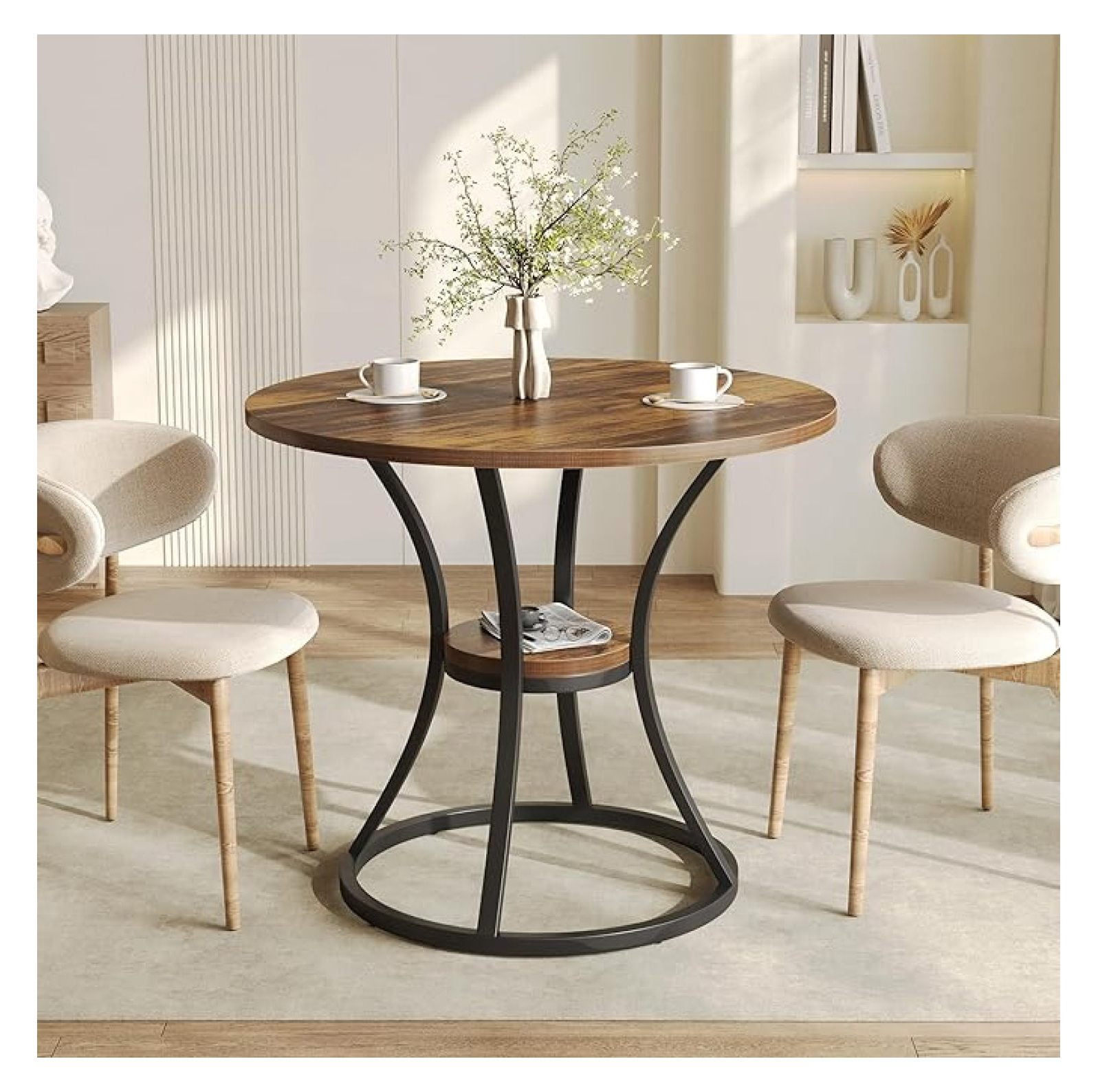 Round Dining Table for 4, Wooden Circle Dining Room Table with Storage ...