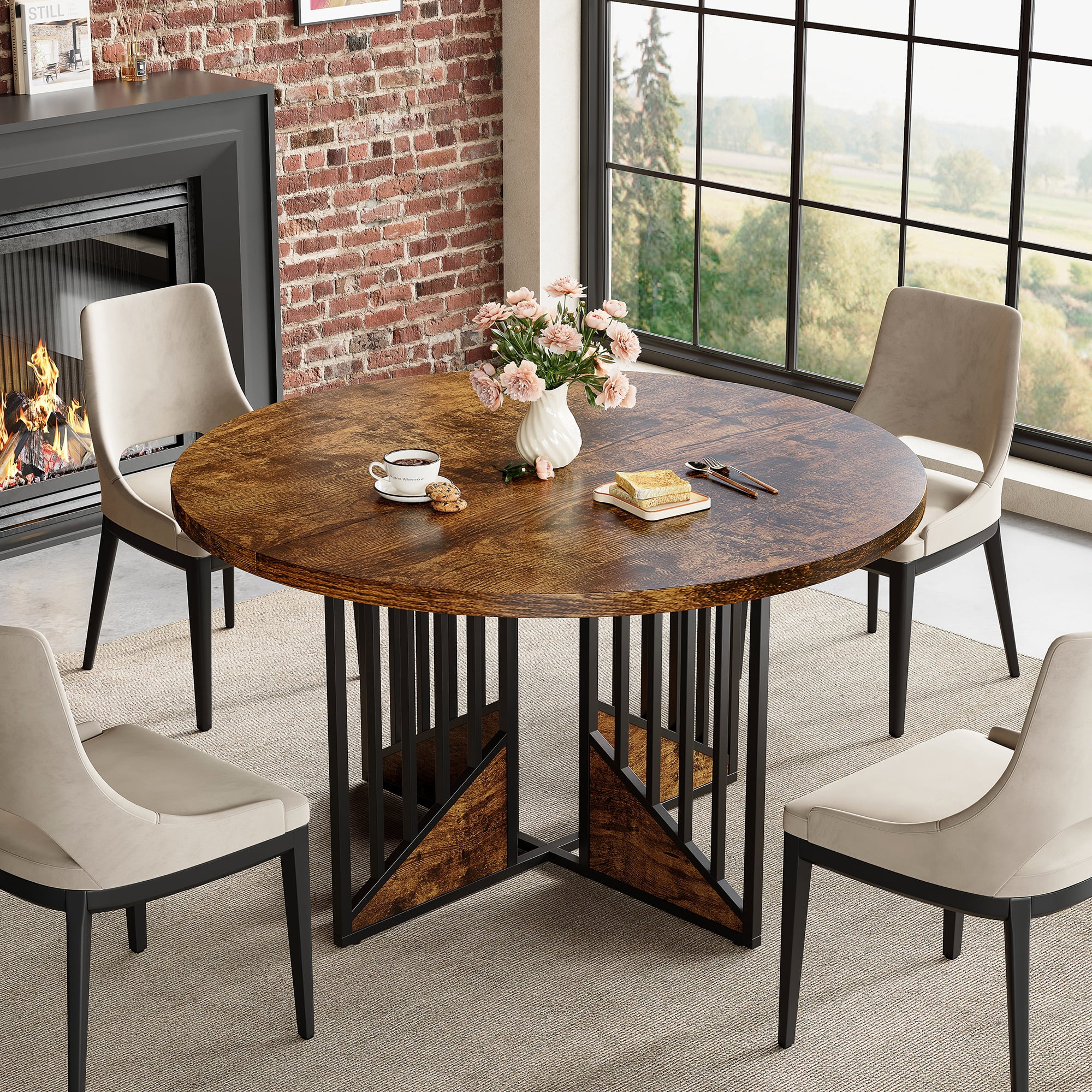 Round Dining Table for 4, Wooden Circle Kitchen Table, Farmhouse Dinner Table with Wooden Top and Metal Legs for Home Apartment Dining Room or Living Room - Rustic Brown