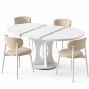 Round Dining Table 43-59 Inch Extendable, Expandable Wood Kitchen Table for 4-8 People, Farmhouse Dining Room Table with Detachable Leaves, Hidden Storage Compartment, Space-Saving White Furniture