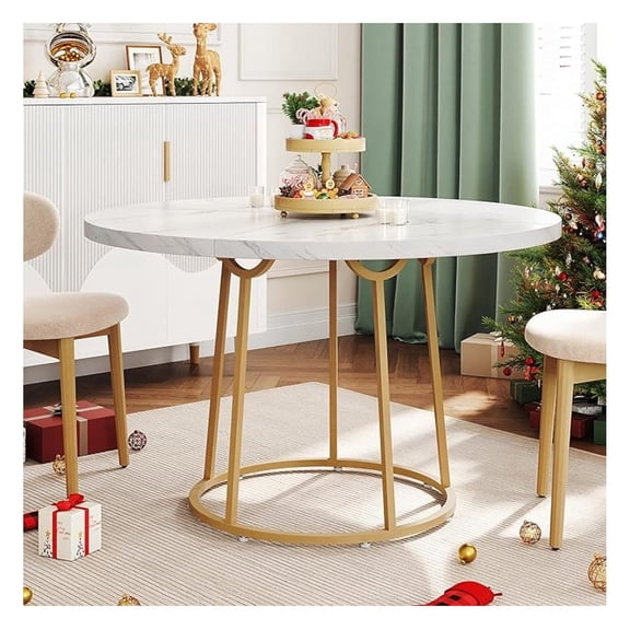 Round Dining Table, 47.24 Inch, Wooden Faux Marble with Base, Circle Modern Small Table for Home Dining Room, Kitchen, Restaurant (White)