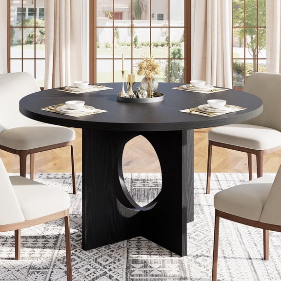 Round Dining Table 47 Inch with Pedestal Base Seats 4-6 Space Saving for Kitchen Apartment Living Room Black - EliteEdge