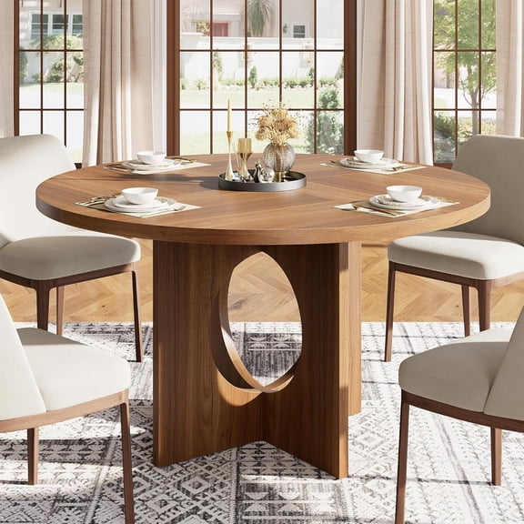 Round Dining Table 47 Inch with Pedestal Base Seats 4-6 Space Saving for Kitchen Apartment Living Room Brown - EliteEdge