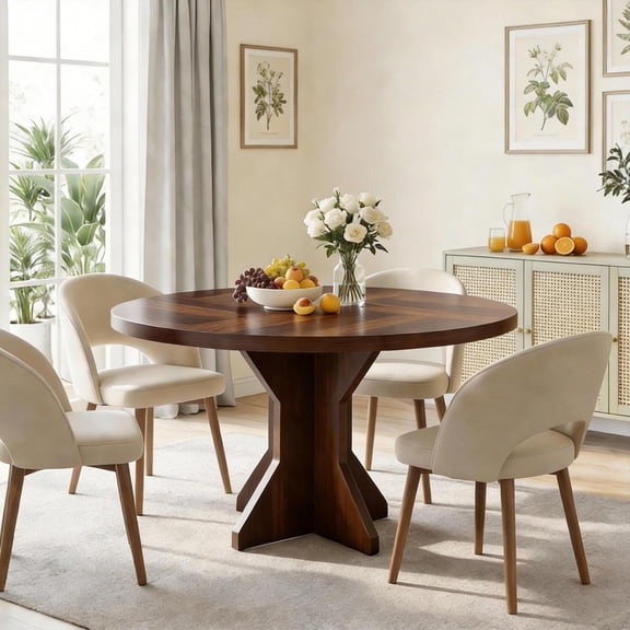Round Dining Table, 47" Kitchen Table for 4-6 People, Circle Tables with Sturdy Pedestal Base, Space Saving Dinning Room Furniture for Living Room, Kitchen, Apartment, Walnut