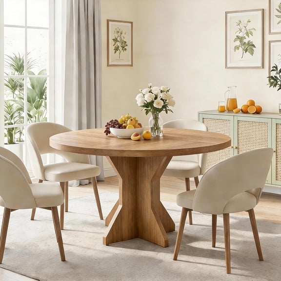 Round Dining Table, 47" Kitchen Table for 4-6 People, Circle Tables with Sturdy Pedestal Base, Space Saving Dinning Room Furniture for Living Room, Kitchen, Apartment