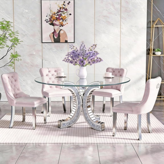 Round Dining Table, 49-Inch Tempered Glass Top with Beveled Edge, Silver Mirrored C-Shape Pedestal Base with Crushed Diamond Accents, Modern Luxury Kitchen and Dining Room Furniture