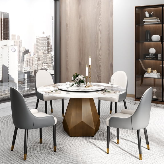 Round Dining Table, 59" White Sintered Stone Top with Antique Brass Metal Base, Includes 31.5" Rotating Lazy Susan Turntable, Modern Heat-Resistant Kitchen Table for 6-8 People