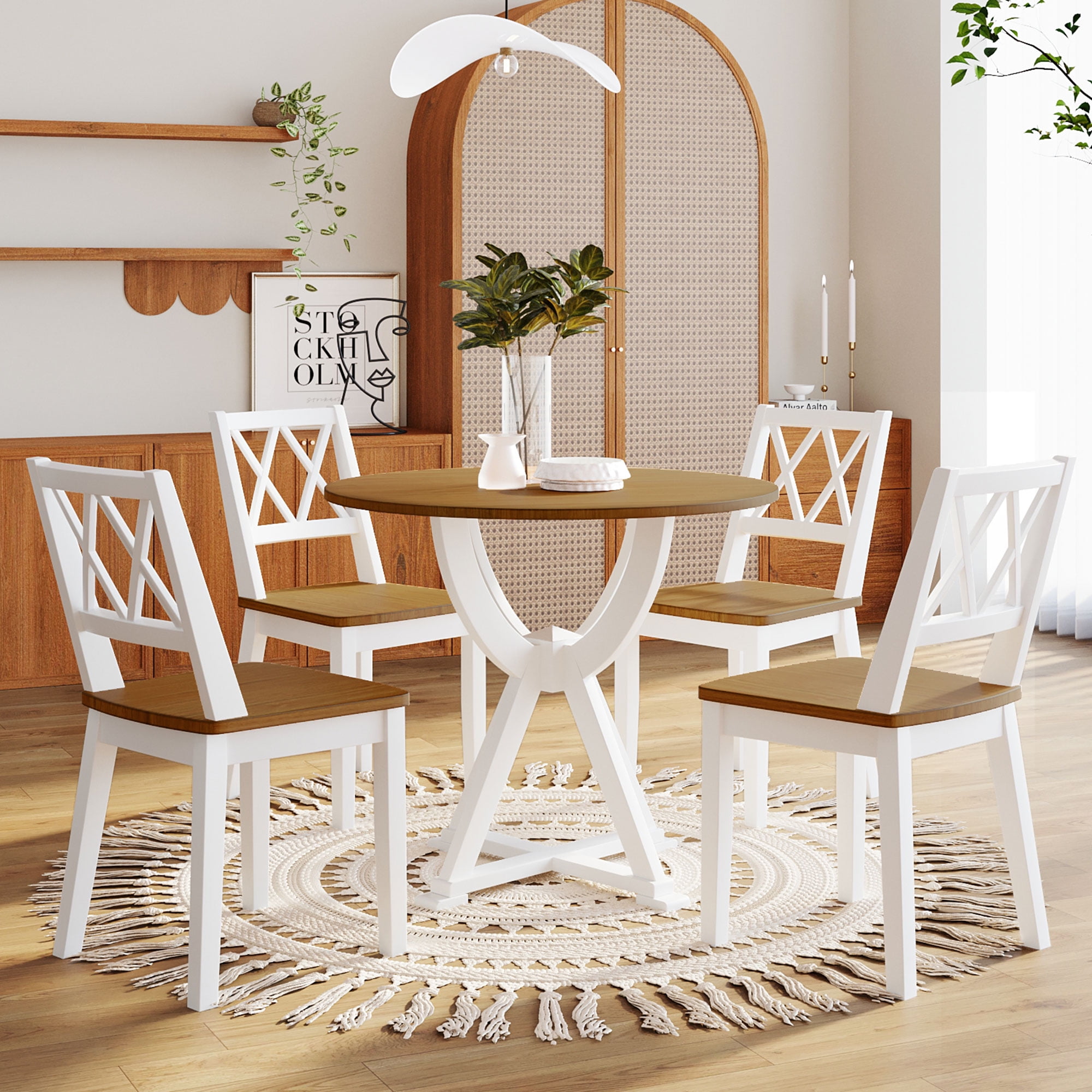 Round Dining Table Chair Set of 5, Rustic Farmhouse Table and 4 XBack