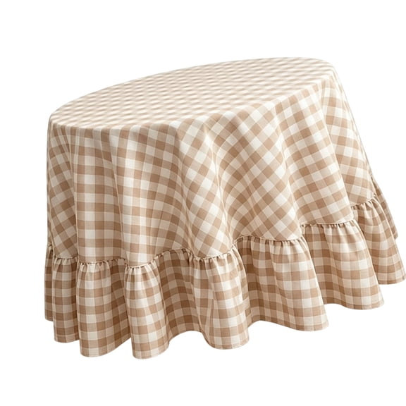Round Dining Table Cover Cotton Linen Blend Checked Tablecloth with Gathered Ruffle Hem for Living Room Decor for Home Use