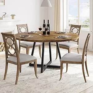 Round Dining Table,Industrial Wood Kitchen Table for Dining Room Living Room,47 inch Dining Room Tables for 4 People,Farmhouse Dinner Table with Wooden Table Top and Metal Base