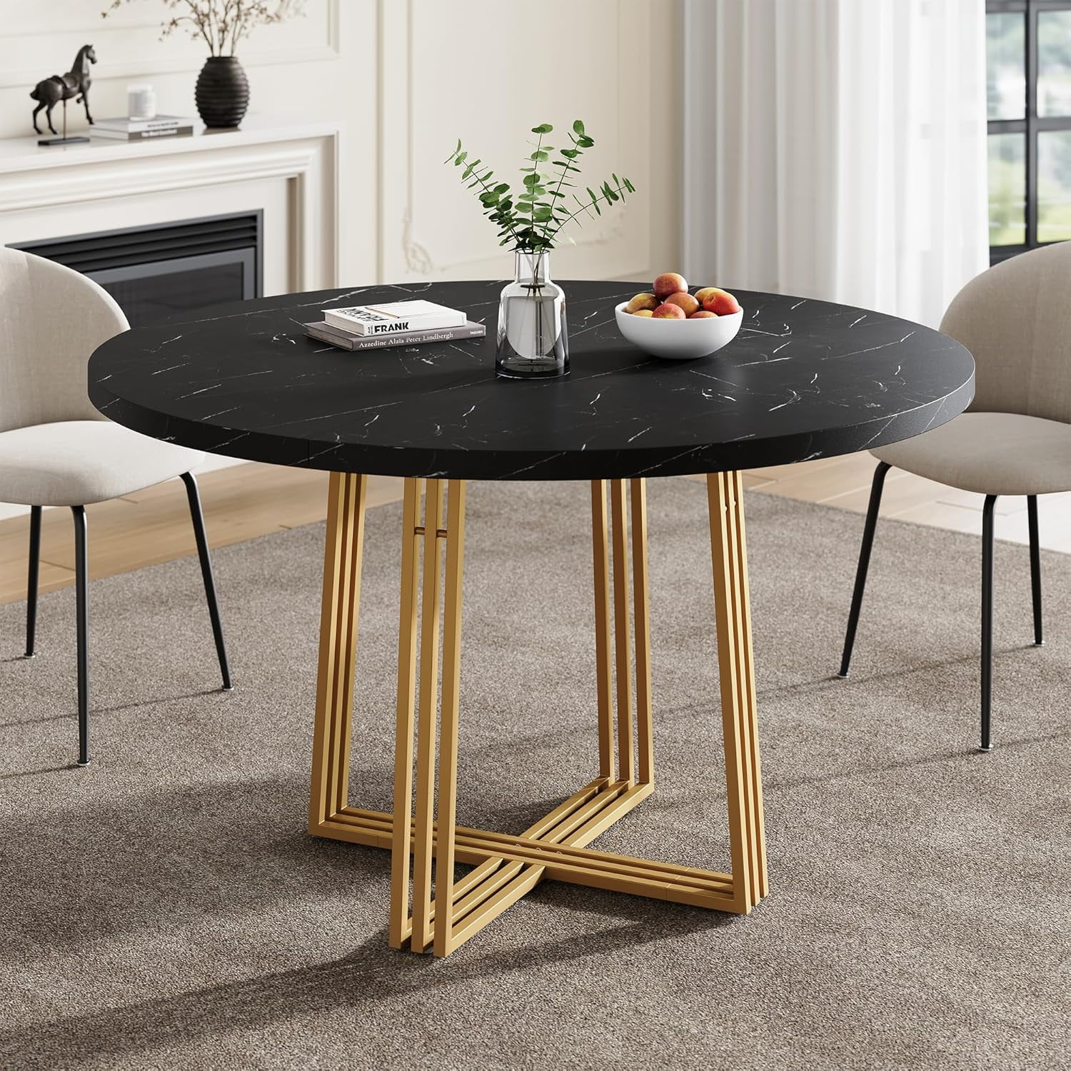 Round Dining Table, Kitchen Table for 4 People, Wooden Faux Marble ...
