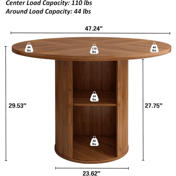 Round Dining Table, Kitchen Table Dinner Table with 2-Layer Storage Shelf and Wood Slide Door for Home Dining Room Living Room