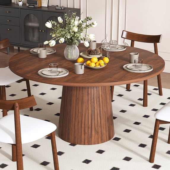 Round Dining Table, Legahome Modern 47" Kitchen Table for 4, Circle Dining Table with 1.2" Thick Tabletop & Wood Strip Pedestal Base, Wood Dinner Table for Dining Room Kitchen, Walnut