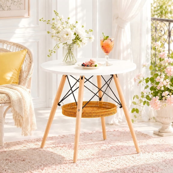 Round Dining Table MDF Solid Wood White Storage Basket 32 Inch for Kitchen Balcony