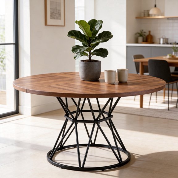 Round Dining Table MDF Walnut Veneer Black Metal Base 47 Inch for Kitchen Restaurant