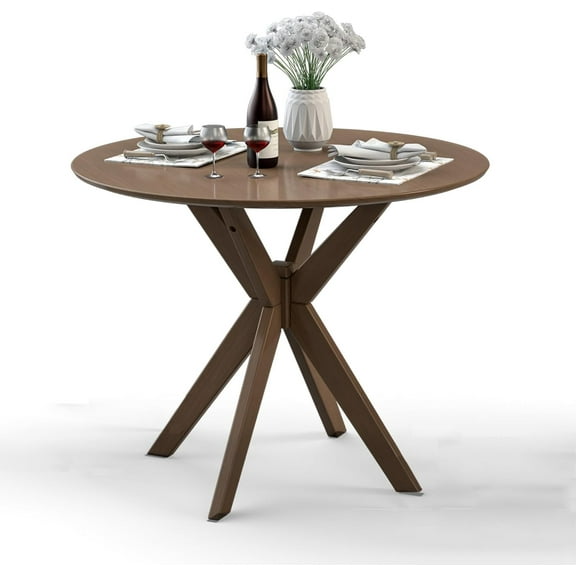 Round Dining Table, Mid Century Modern Kitchen Table for 2-4 Person, 36-inch Circle Tabletop & Trestle Pedestal Base, Leisure Coffee Table for Home Office, Living Room (Brown)