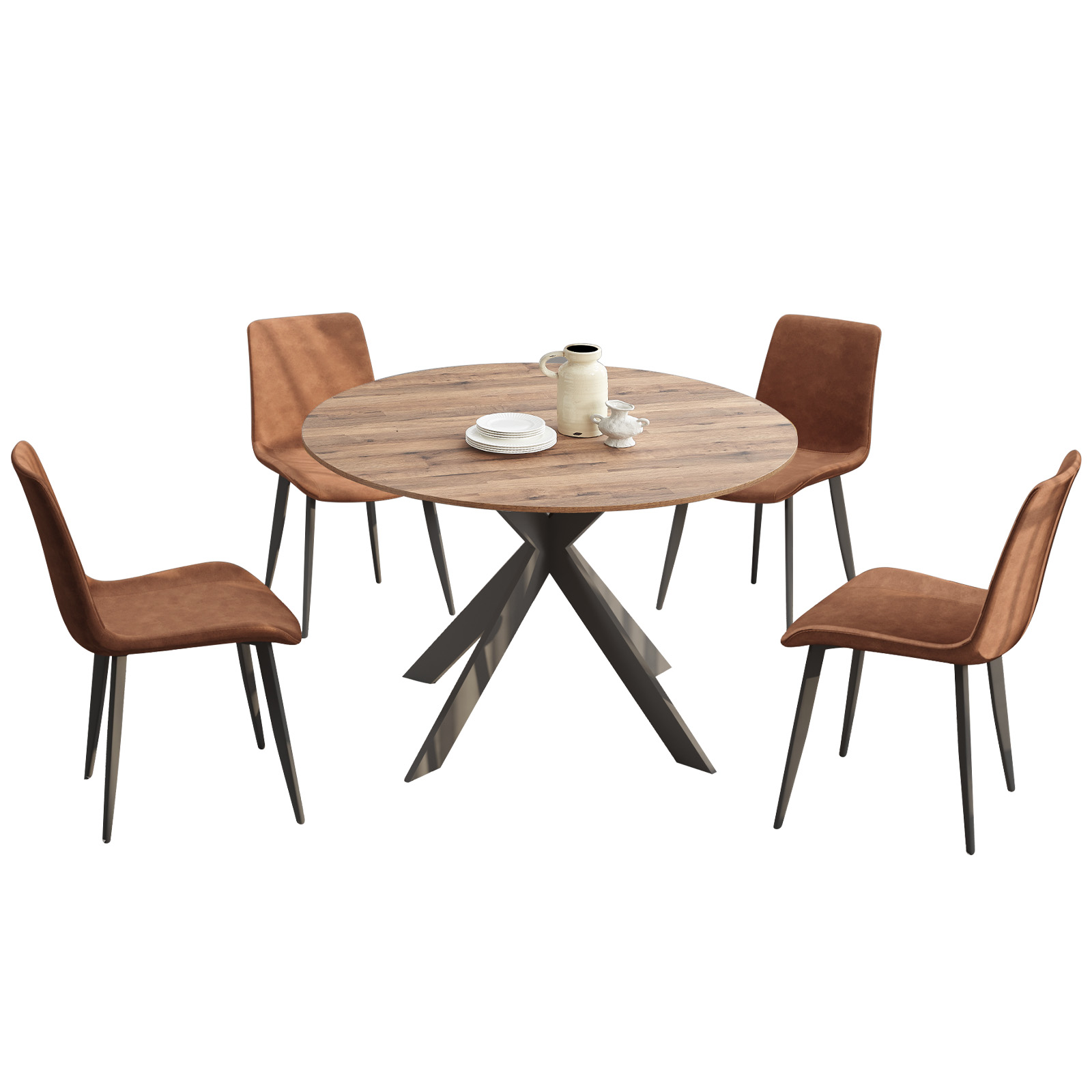 Round Dining Table, Mid Century Modern Round Dining Table For 46 Person, Steel Legs, Leisure