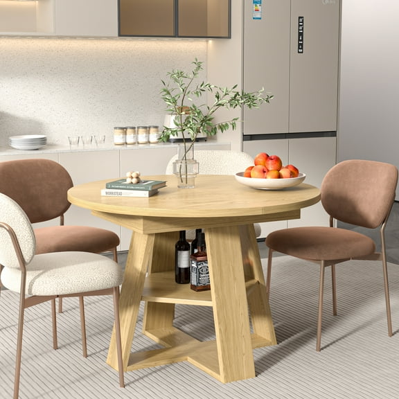 Round Dining Table Modern Extendable Dining Table with Removable Leaves for Kitchen