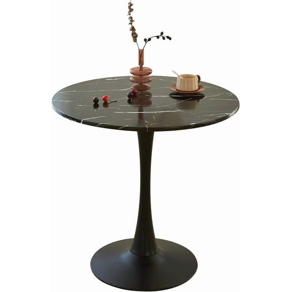 Round Dining Table, Modern Tulip Kitchen Table, Mid-Century Leisure Table with Sturdy Metal Pedestal for Small Places, Dining Room, Living Room, Cafe (Black Marble-Look, 23.6 INCH)