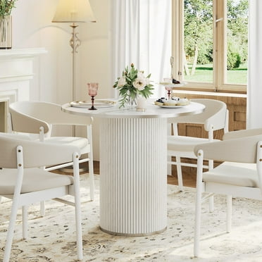 Round Dining Table for 4, Modern Farmhouse Kitchen Table, 31.5" Neche Dining Room Table with Wood Slat Base for Kitchen and Living Room, White(Only Table)