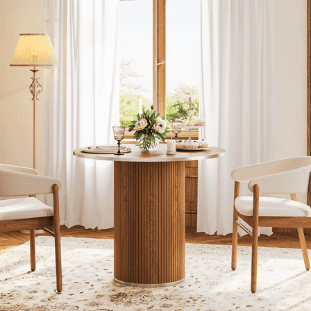 Round Dining Table for 4, Modern Farmhouse Kitchen Table, 31.5" Dining Room Table with Wood Slat Base for Kitchen and Living Room, Walnut(Only Table)