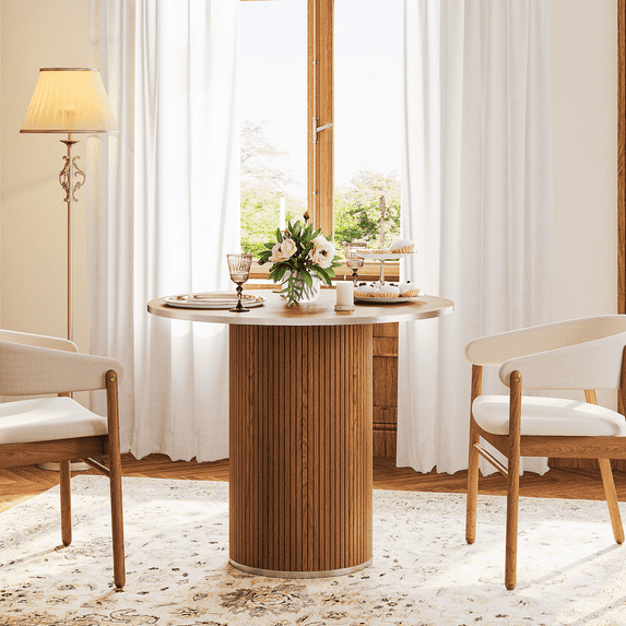 Round Dining Table for 4, Modern Farmhouse Kitchen Table, 31.5" Dining Room Table with Wood Slat Base for Kitchen and Living Room, Walnut(Only Table)