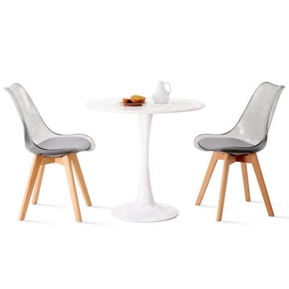 Round Dining Table Set for 2, 23.6" Tabletop with Metal Tulip Pedestal Base, White Modern Kitchen Table with 2 Clear Acrylic Chairs for Small Space