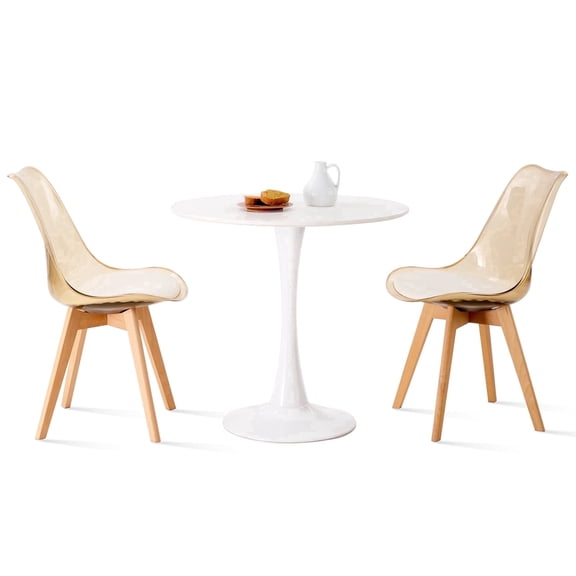 Round Dining Table Set for 2, 23.6" Tabletop with Metal Tulip Pedestal Base, White Modern Kitchen Table with 2 Clear Acrylic Chairs for Small Space
