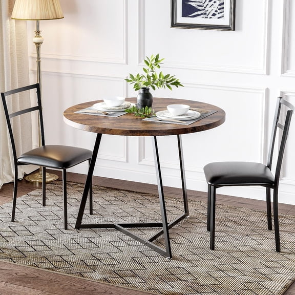 Round Dining Table Set for 2, Space Saving 2-Person Kitchen Table with 2 Upholstered Chairs, Modern Small Apartment Dining Set, Sturdy Steel Frame Compact Table for Small Spaces and Dining Room