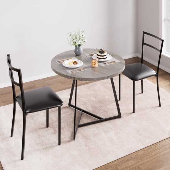 Round Dining Table Set for 2, Space Saving 2-Person Kitchen Table Set with 2 Upholstered Chairs, Modern Metal Frame Apartment Dining Set for Small Space, Apartment, Studio