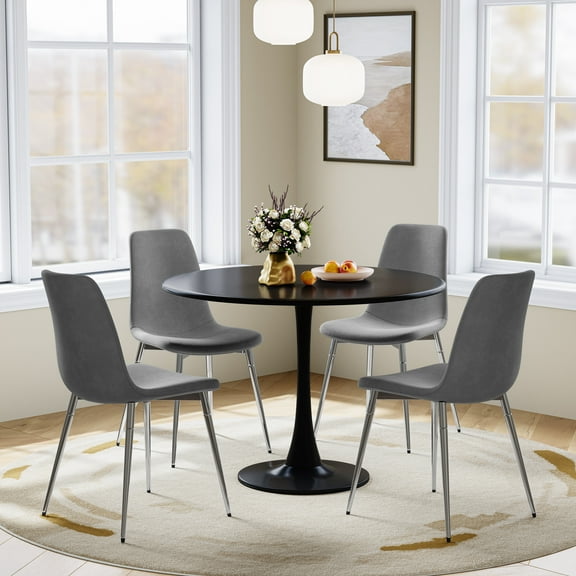 Round Dining Table Set for 4, 31.5" Black All-Metal Tulip Pedestal Table with 4 Grey Velvet Upholstered Chairs for Dining Room, Coffee, Small Spaces, Apartment, Black