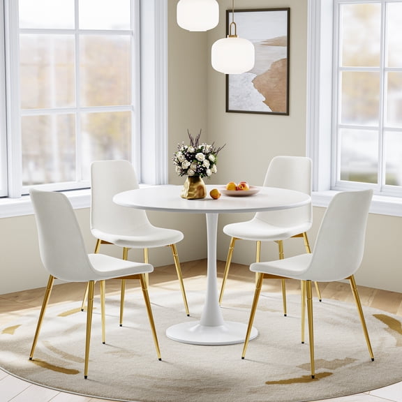 Round Dining Table Set for 4, 31.5" White All-Metal Tulip Pedestal Table with 4 White Velvet Upholstered Chairs for Dining Room, Coffee, Small Spaces, Apartment, White