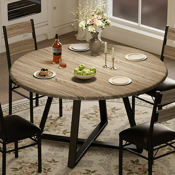 Round Dining Table Set for 4, 5 Piece Circle 43.31" Wooden Kitchen Dinner Table & Chairs Set for 4-6, w/ 4 Unpholster Chairs, Sturdy Thick Frame, for Kitchen, Apartment, Small Space, Retro Gay