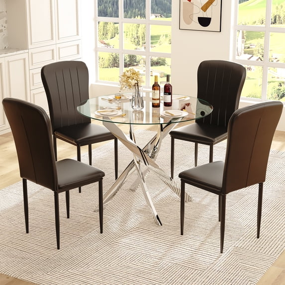 Round Dining Table Set for 4, 5-Piece Modern Tempered Glass Table with 4 Black Chairs - Compact Design for Kitchen/Living Room/Dining Room