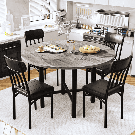 Baxluxe Round Dining Table Set for 4, Solid Wood Thickened Table Top Kitchen Dining Table and Chairs Set, Modern Dining Room Dining Table Set for 4 for Apartment, Kitchen, Dining Room, Rustic Gray