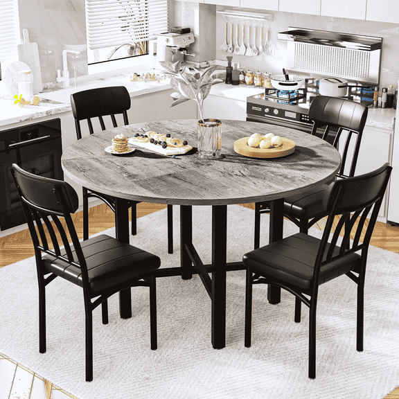 Baxluxe Round Dining Table Set for 4, Solid Wood Thickened Table Top Kitchen Dining Table and Chairs Set, Modern Dining Room Dining Table Set for 4 for Apartment, Kitchen, Dining Room, Rustic Gray