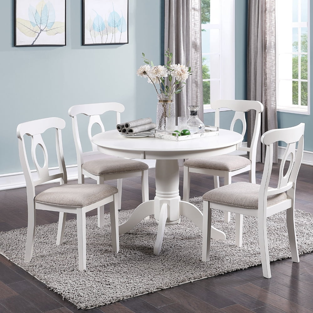 Round Dining Table Set with 4 Upholstered Fabric Chairs 5-Piece Classic ...