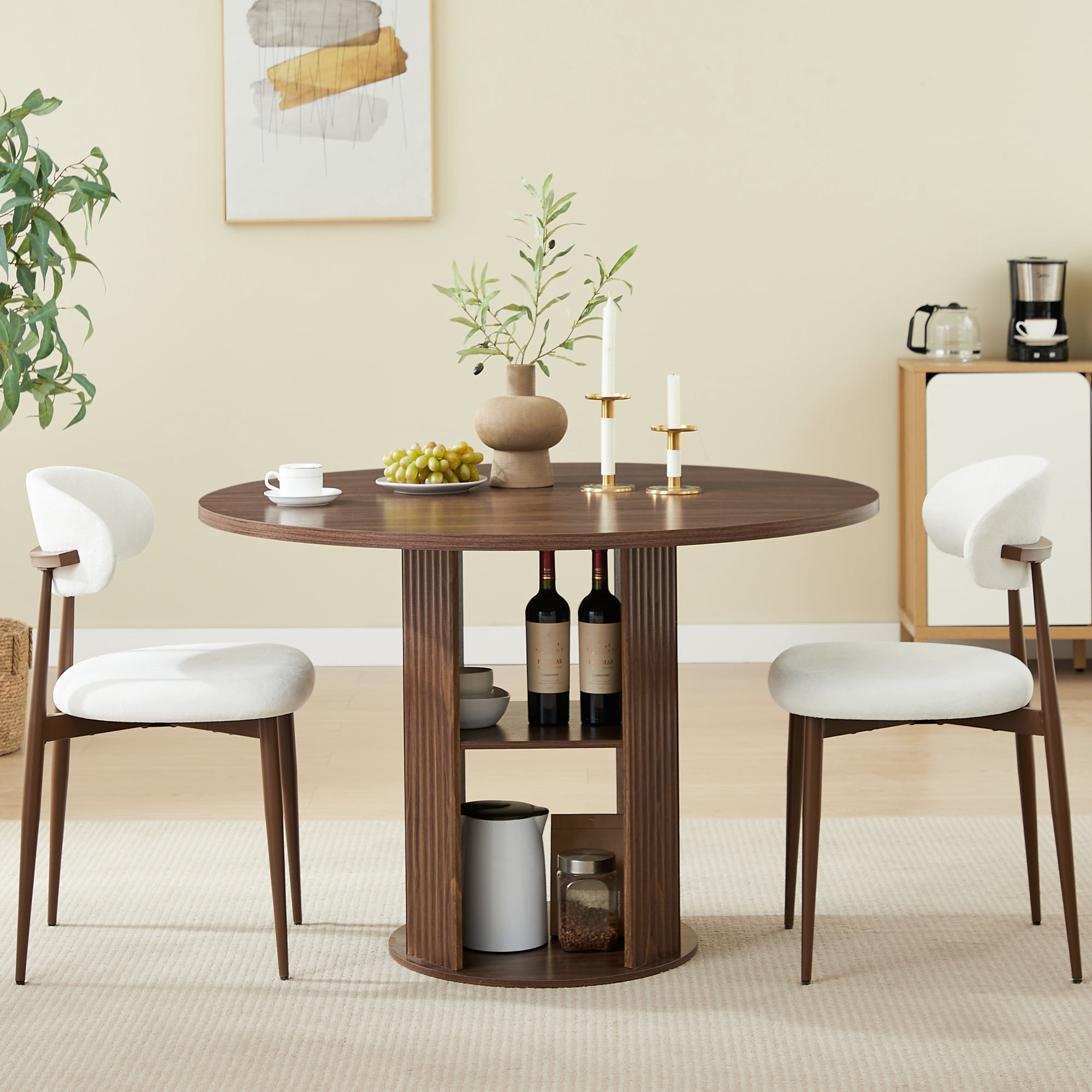 Round Dining Table Set 47.2 Inch, Kitchen Table with 2 Upholstered Chairs and Storage Shelf, Dining Room Furniture Set for 2-4 People, Walnut
