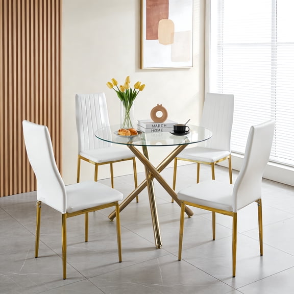 Atumcto 5 Piece Glass Dining Table Set for 4, Round Kitchen Table and 4 Upholstered Chairs, Mid-Century Modern Gold Metal Base, White and Gold