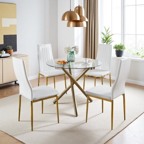 Atumcto 5 Piece Dining Table Set, 1 Table + 4 Chairs, Mid-Century Modern with Glass Top & Gold Metal Base for Dining Room Easy to Clean, Seats 4-6 People (White+Gold)