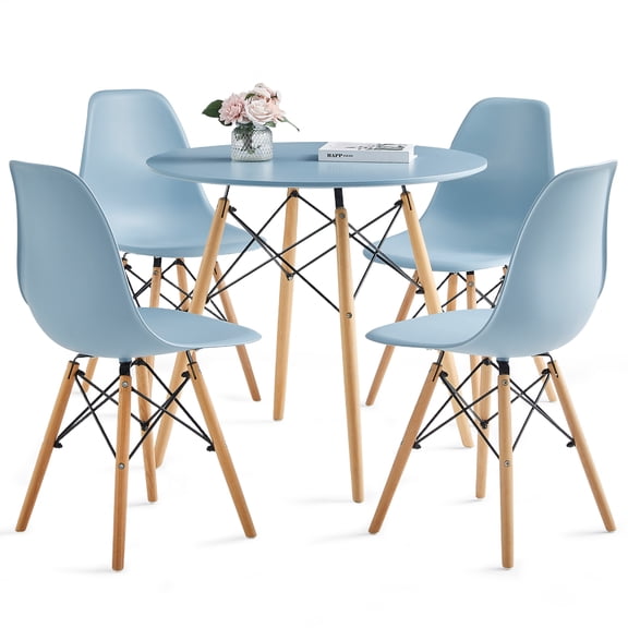 Round Dining Table Set for 4, 31.5" Circle Kitchen Table with Chairs, Wood Strip Base for Kitchen Living Room Space Saving Apartment, Blue
