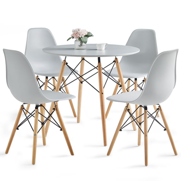 Round Dining Table Set for 4, 31.5" Circle Kitchen Table with Chairs, Wood Strip Base for Kitchen Living Room Space Saving Apartment, Grey